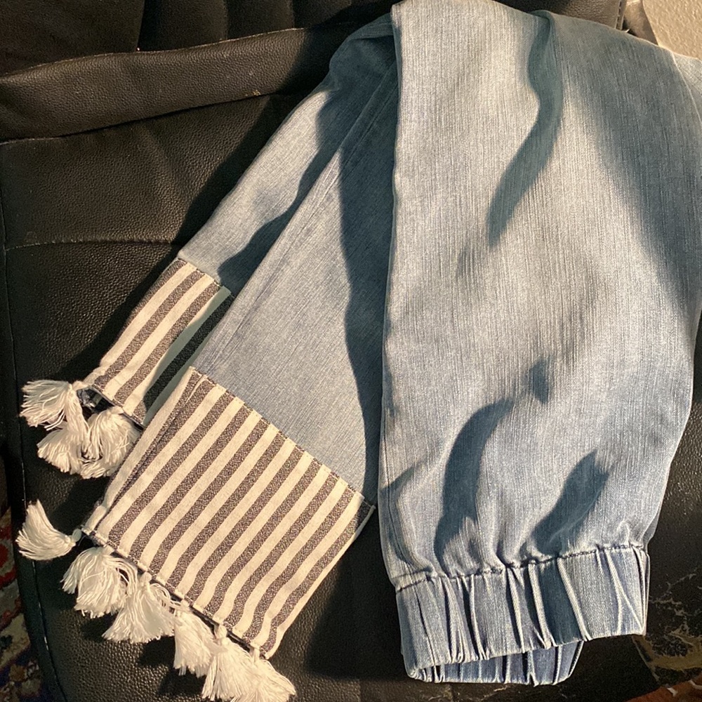 Soft Surroundings Charming Tassel Striped Hem Elastic Waist Jeans. Soooo Comfy